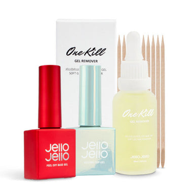 JELLO JELLO 3-Piece Set (Peel Off Base Gel 10ml + Top Gel 10ml + One Kill Remover 30ml)